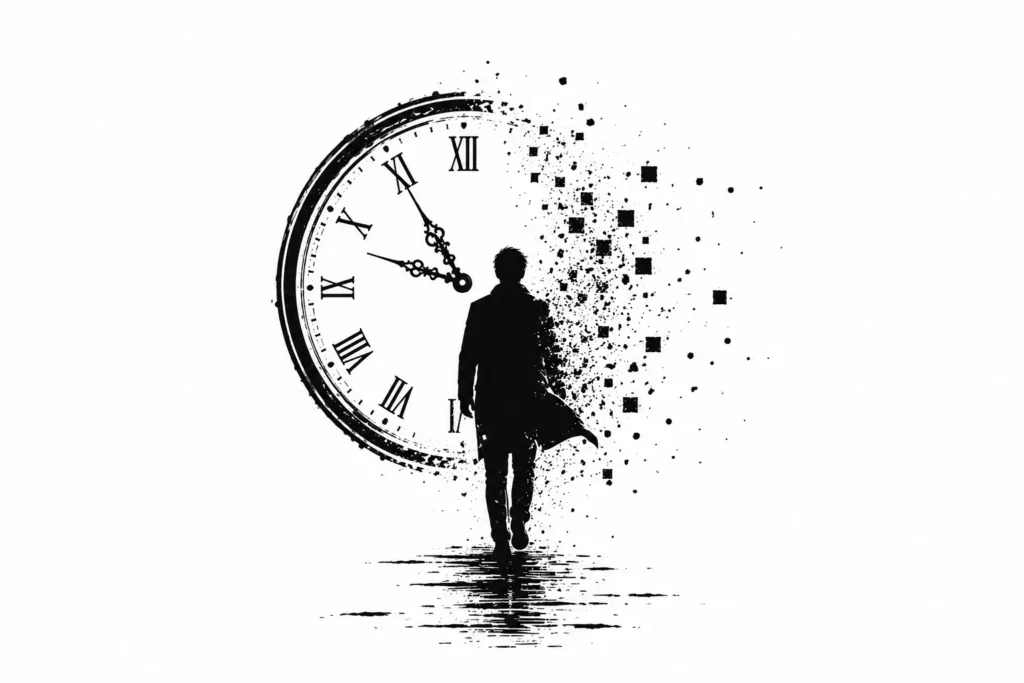 Logo noir et blanc représentant une silhouette humaine devant une horloge fragmentée pour le roman Le Marchand de réalités.