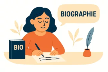 Illustration d’une femme en train d’écrire une biographie à son bureau, avec un livre intitulé "BIO" à côté.
