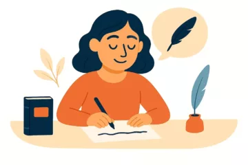 Illustration d'une écrivaine concentrée, assise à un bureau, écrivant à la main avec un décor minimaliste.