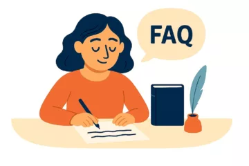 Illustration d’une femme répondant à une FAQ, assise à un bureau avec un livre et une plume à encre.