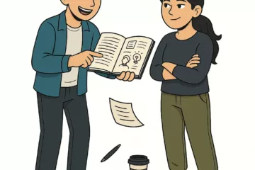 Deux jeunes adultes discutant autour d’un carnet d’écriture ouvert, avec des feuilles, un stylo et un café sur fond blanc.