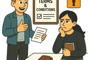 Illustration de deux personnes discutant des conditions générales d'utilisation d’un site web.