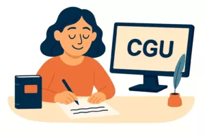 Illustration vectorielle d’une femme souriante écrivant à son bureau avec un écran affichant “CGU”