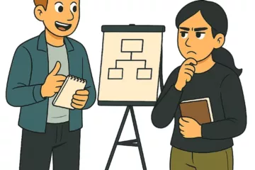 Illustration vectorielle de deux personnages discutant devant un tableau de présentation affichant un organigramme, sur fond blanc.