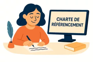 Illustration vectorielle d’une femme écrivant à son bureau avec un écran affichant “Charte de Référencement”.