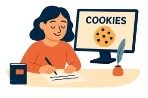 Illustration vectorielle d’une femme écrivant à son bureau avec un écran affichant un cookie et le mot “Cookies”.
