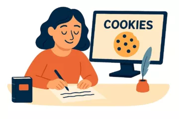 Illustration vectorielle d’une femme écrivant à son bureau avec un écran affichant un cookie et le mot “Cookies”.
