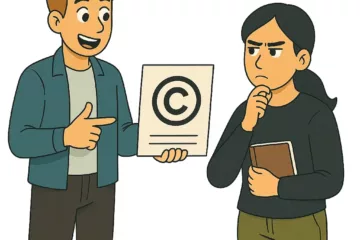 Illustration vectorielle de deux personnages discutant d’un document avec un symbole de copyright, sur fond blanc.