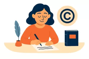 Illustration vectorielle d’une femme écrivant à son bureau avec un symbole de copyright en arrière-plan.
