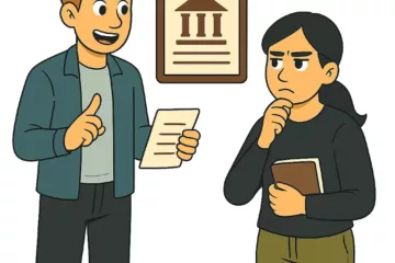 Illustration vectorielle de deux personnages discutant d’un document officiel, sur fond blanc.