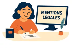 Illustration vectorielle d'une femme écrivant à son bureau, avec un écran affichant le texte "Mentions légales", dans un style flat design aux couleurs douces.