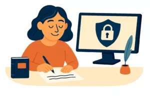 Illustration vectorielle d’une femme écrivant à son bureau, avec un écran affichant une icône de cadenas représentant la politique de confidentialité, dans un style flat design épuré.