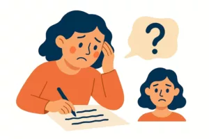 Illustration vectorielle d’une femme pensive en train d’écrire, avec un point d’interrogation dans une bulle.