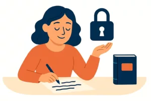 Illustration d'une femme protégeant son manuscrit avec un cadenas, stylo à la main, ambiance calme.