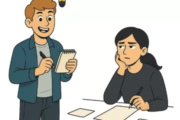 Illustration de deux jeunes adultes, l’un inspiré tenant un carnet avec une ampoule au-dessus de la tête, l’autre pensif devant une feuille blanche, représentant le syndrome de la page blanche.