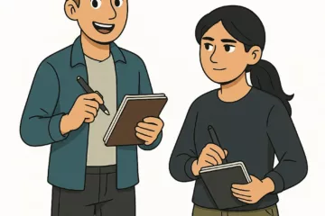 Illustration de deux jeunes adultes prenant des notes ensemble, représentant un tutoriel pour écrivains débutants.