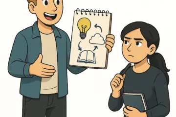 Deux jeunes adultes collaborent sur des idées créatives, l’un montrant un carnet avec des symboles d’inspiration, l’autre prenant des notes, sur fond blanc.