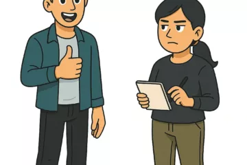 Illustration de deux personnages, un homme souriant faisant un signe de pouce levé et une femme sérieuse tenant un bloc-notes et un stylo, sur fond blanc pur.