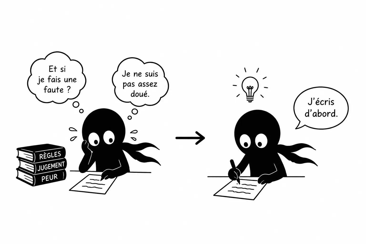 Illustration minimaliste de Kiro sur fond blanc montrant le passage de la peur de faire des fautes à une écriture libre et créative.