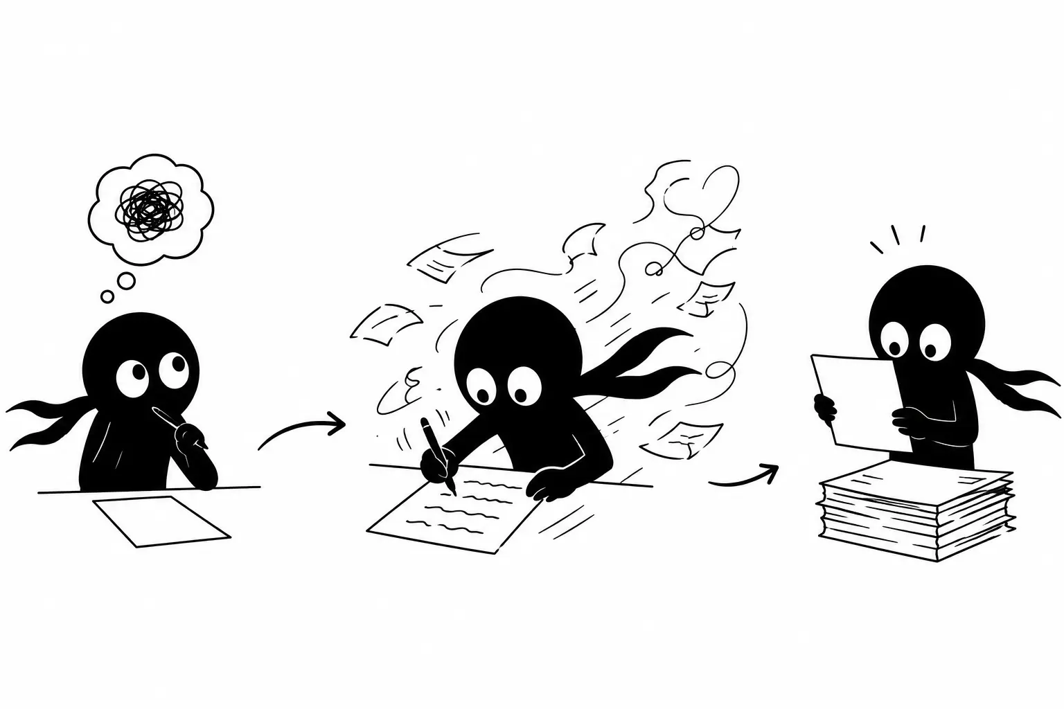 Illustration minimaliste de Kiro écrivant rapidement un premier jet sans corriger, symbole de créativité libre et spontanée.