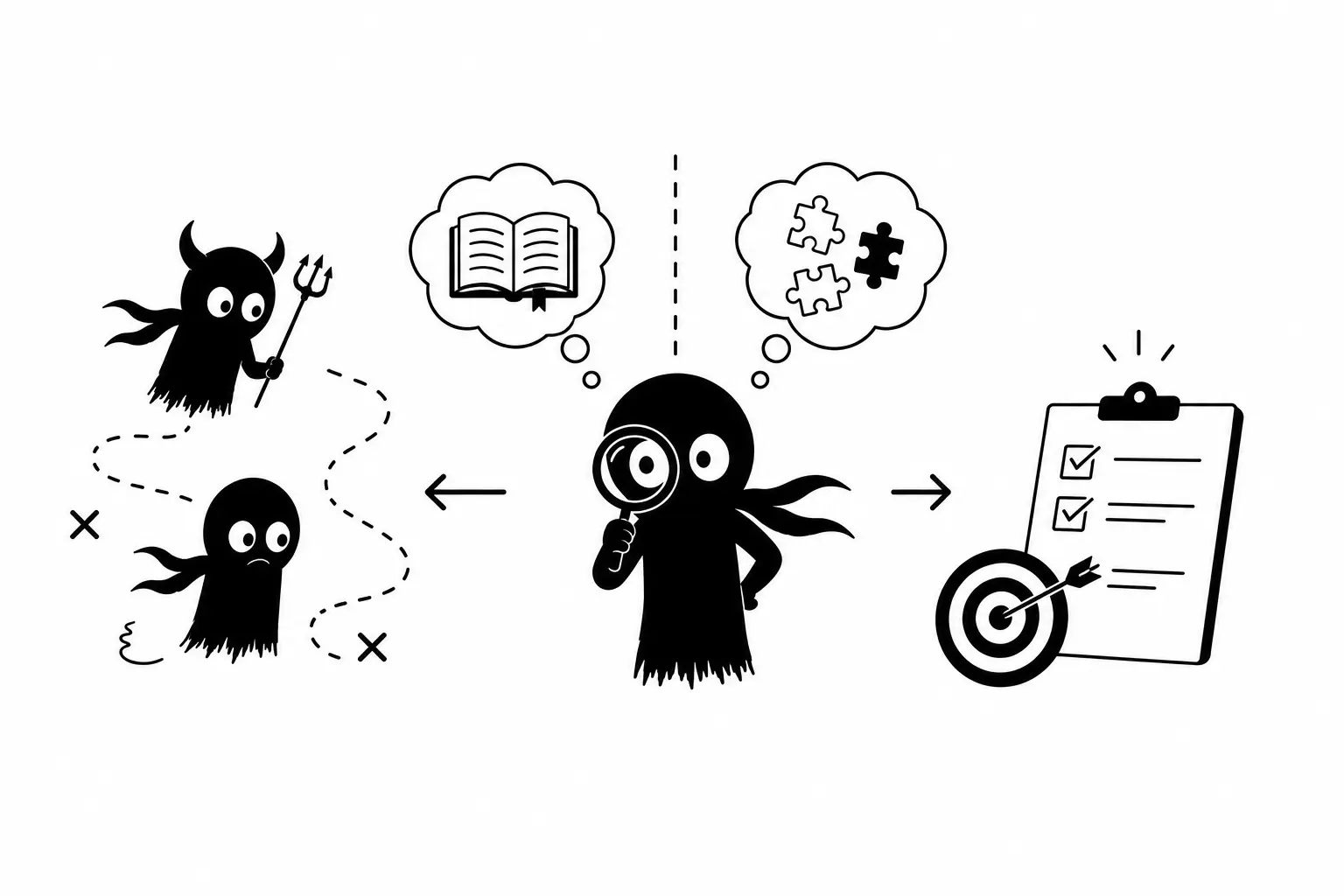 Illustration minimaliste de Kiro analysant différents types de fautes d’orthographe pour mieux comprendre et corriger ses erreurs.