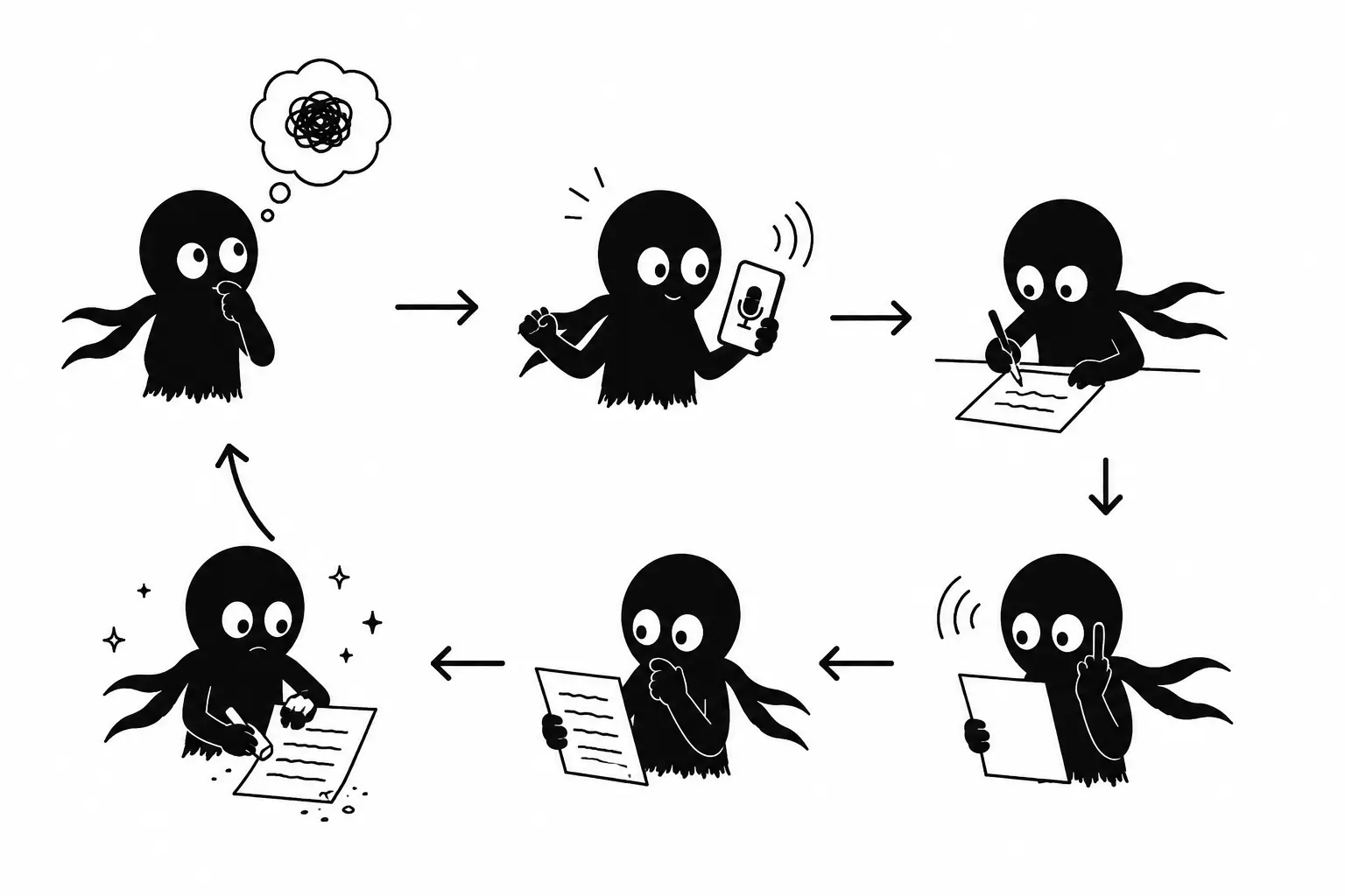 Illustration minimaliste de Kiro utilisant la dictée vocale et l’écriture fluide pour retrouver un rythme naturel et spontané.
