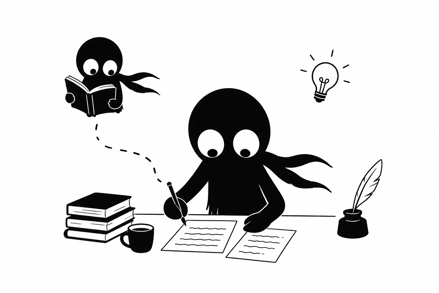 Illustration minimaliste de Kiro en train de relire et corriger un manuscrit à son bureau, entouré de livres et d’une ampoule symbolisant l’inspiration créative.