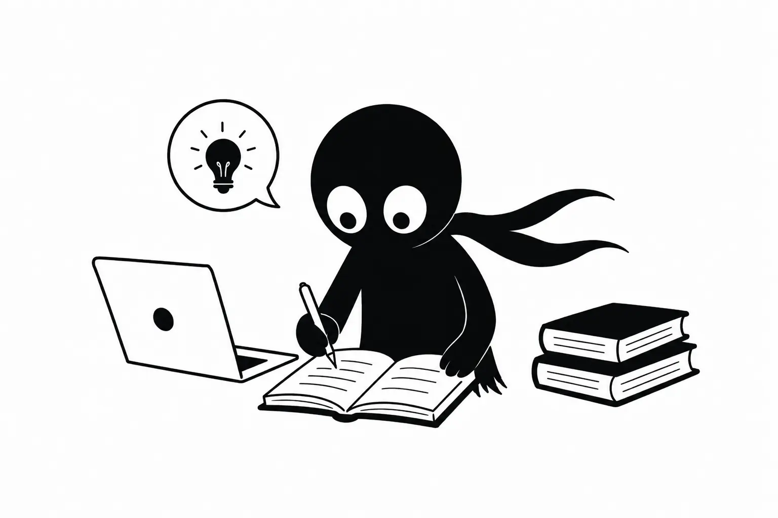 Illustration minimaliste de Kiro écrivant dans un carnet avec un ordinateur portable et des livres, représentant les outils technologiques et documentaires au service de l’auteur.