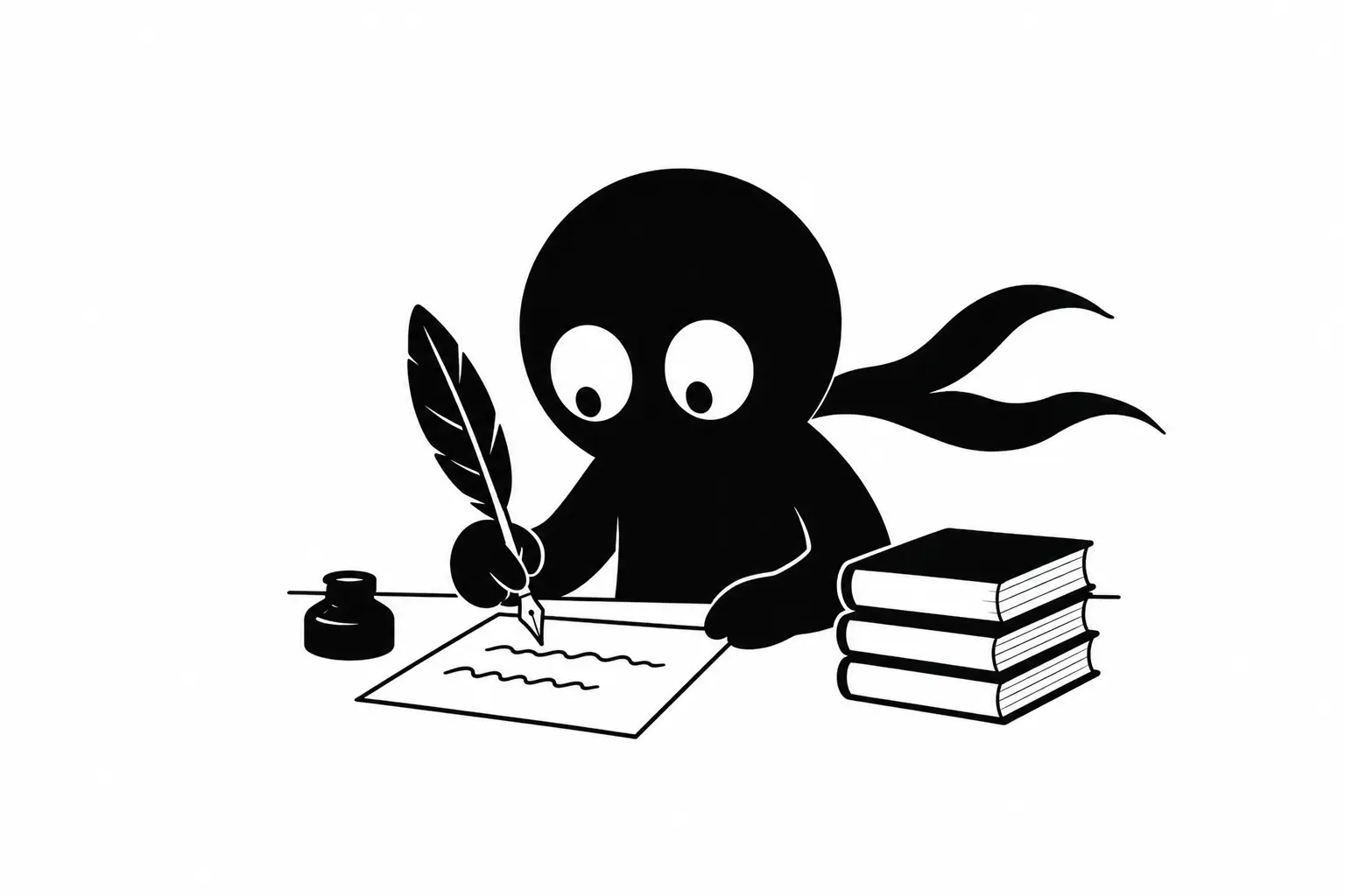 Illustration minimaliste de Kiro écrivant un manuscrit à son bureau avec une plume, des livres et un encrier, symbolisant le passage vers une publication professionnelle.