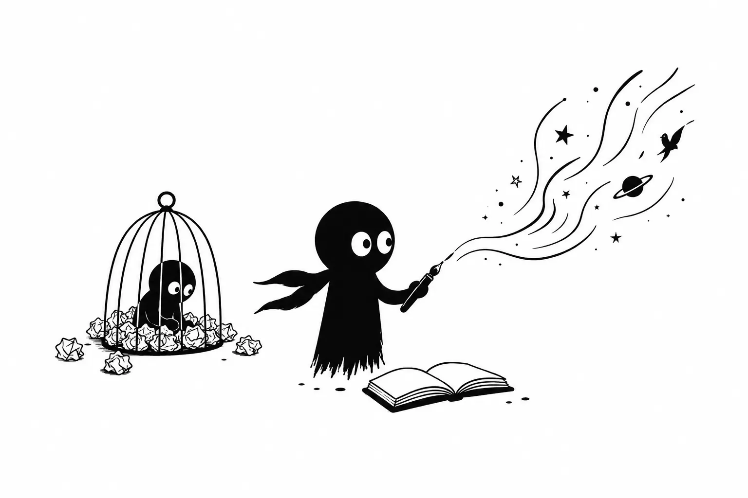 Illustration minimaliste de Kiro affirmant sa voix d’auteur, avançant entre réflexion et écriture avec une aura créative sur fond blanc.