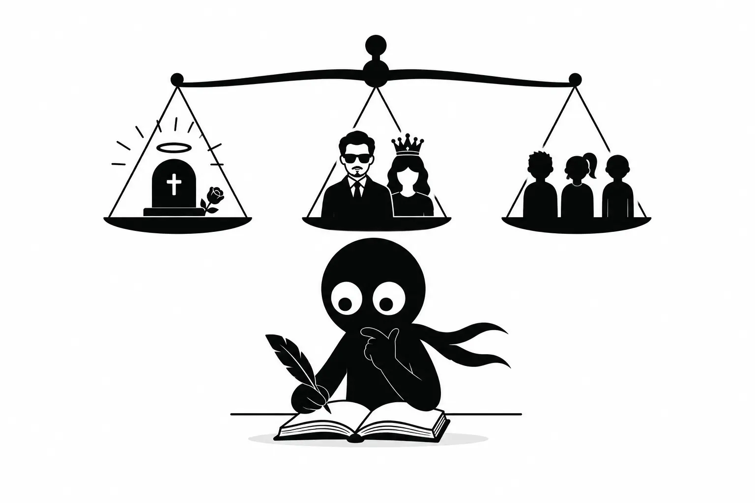Kiro analyse la hiérarchie des risques entre personnes décédées, célébrités et individus privés dans une illustration minimaliste