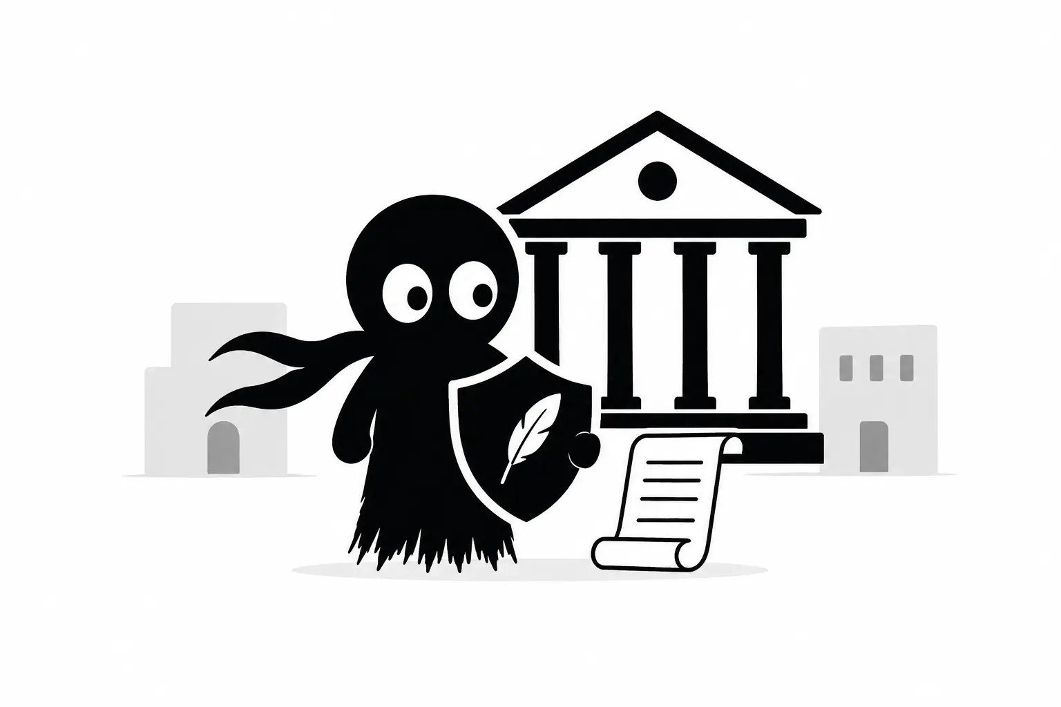 Kiro protège un manuscrit auprès d’une institution du droit d’auteur avec un bouclier et un document officiel sur fond blanc