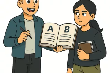Illustration 2D de style cartoon montrant deux personnages consultant un grand livre ouvert type dictionnaire, sur fond blanc.