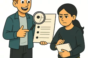 Illustration 2D de style cartoon montrant deux personnages examinant attentivement un document avec une loupe, l’un prenant des notes, sur fond blanc.