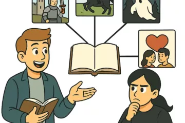 Illustration représentant deux personnes discutant des différents types de récits littéraires, avec un livre ouvert au centre relié à des icônes de genres variés.