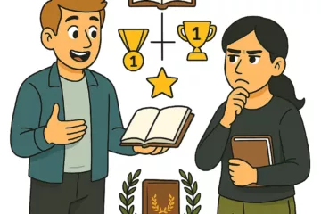 Illustration représentant deux personnes discutant de récompenses littéraires, avec des icônes de trophée, médaille, étoile et livre couronné de lauriers flottant entre elles.
