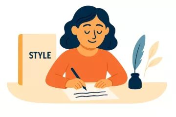 Illustration d’une femme écrivant à son bureau, avec un livre intitulé "Style" à côté d’elle.