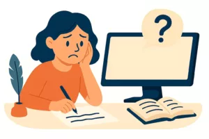 Illustration d'une femme bloquée face à la page blanche, assise à son bureau, l'air perplexe avec un point d'interrogation au-dessus de l'écran.