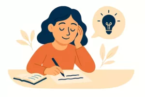 Jeune autrice souriante trouvant l'inspiration, illustrée avec une ampoule allumée en bulle de pensée.