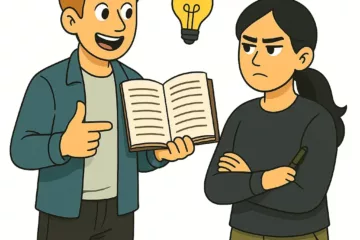 Illustration 2D de style cartoon représentant deux personnages discutant d’écriture, l’un tenant un livre ouvert et l’autre un carnet, sur fond blanc.