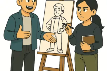 Illustration 2D de style cartoon montrant deux personnages travaillant ensemble sur la création d’un personnage dessiné sur un chevalet, sur fond blanc.