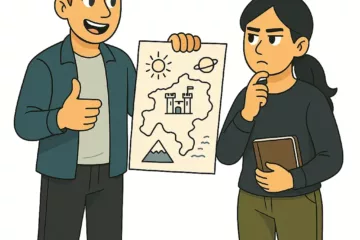 Illustration 2D de style cartoon montrant deux personnages créant un univers de fiction, l’un présentant une carte et l’autre réfléchissant avec un carnet, sur fond blanc.