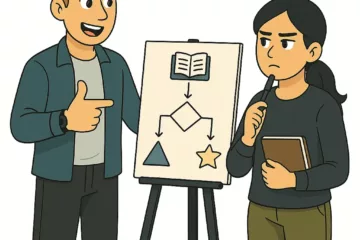 Illustration 2D de style cartoon montrant deux personnages élaborant un plan de roman devant un tableau avec un schéma narratif, sur fond blanc.