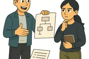 Illustration 2D de style cartoon montrant deux personnages comparant un schéma en organigramme et une page de texte, sur fond blanc.