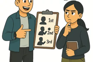 Illustration 2D de style cartoon montrant deux personnages discutant des différents points de vue narratifs, l’un présentant un tableau et l’autre réfléchissant avec un carnet, sur fond blanc.