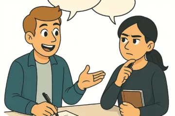 Illustration 2D de style cartoon montrant deux personnages assis à une table, l’un parlant avec enthousiasme et l’autre réfléchissant avec un carnet, sur fond blanc.
