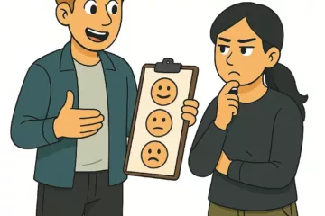 Illustration 2D de style cartoon montrant deux personnages discutant d’émotions, l’un tenant un tableau avec des visages exprimant différentes humeurs, sur fond blanc.