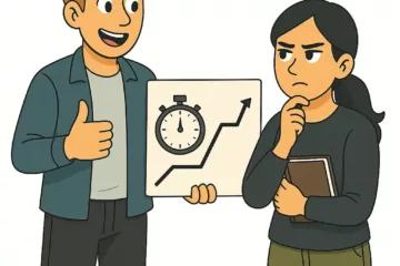 Illustration 2D de style cartoon montrant deux personnages discutant du rythme d’un récit, l’un tenant un panneau avec un chronomètre et un graphique, sur fond blanc.