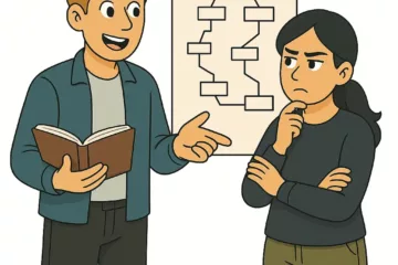 Illustration 2D de style cartoon montrant deux personnages discutant d’un schéma narratif complexe, sur fond blanc.