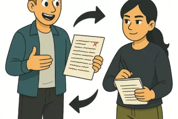 Illustration 2D de style cartoon montrant deux personnages transformant un brouillon en texte finalisé, avec des flèches reliant leurs documents, sur fond blanc.